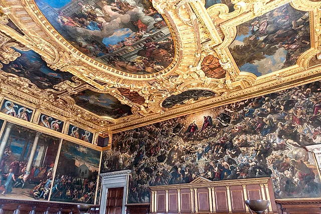 The golden coffered ceiling and Tintoretto's vast Paradise in the Great Council Hall of the Doge's Palace