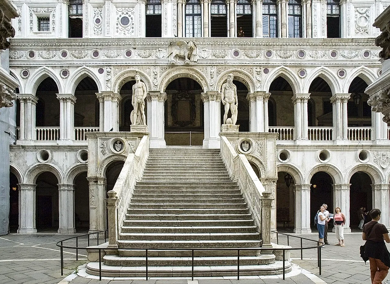 The Giants' Staircase of the Doge's Palace, flanked by Sansovino's statues of Mars and Neptune