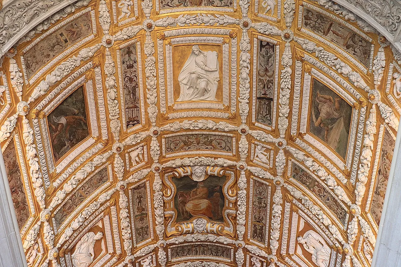 The gilded stucco and painted vault above the Scala d'Oro, the Golden Staircase of the Doge's Palace