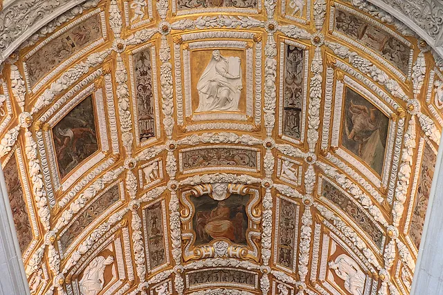 The gilded stucco and painted vault above the Scala d'Oro, the Golden Staircase of the Doge's Palace