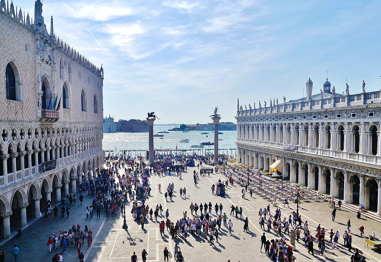 The view from the terrace of St Mark's Basilica over the Piazzetta, the two columns and the lagoon